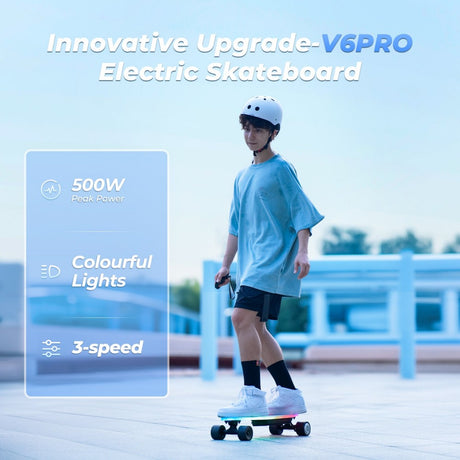 ISINWHEEL V6 Pro Electric Skateboard with Pedal Lights & Remote Control 500W Motor 24.5V 4.5Ah Battery