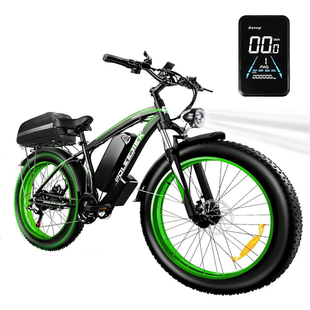 POLEEJIEK DP-2602 fat tire mountain ebike 1500W motor 48V 20Ah battery green and black