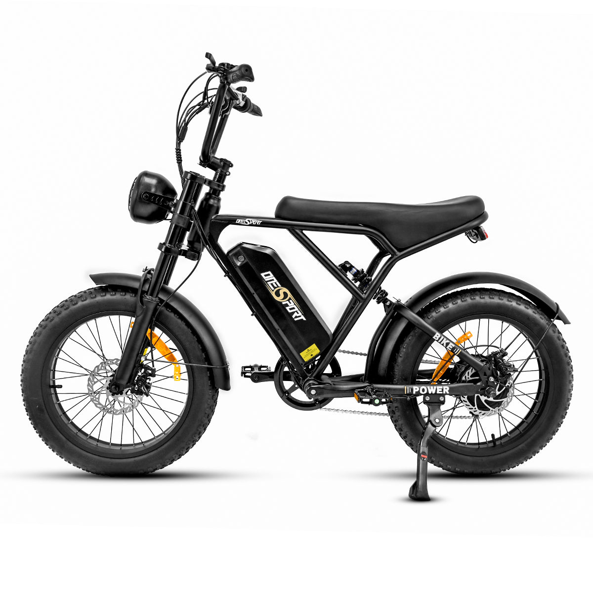 The left side of black OneSport ONES3 fat tire ebike