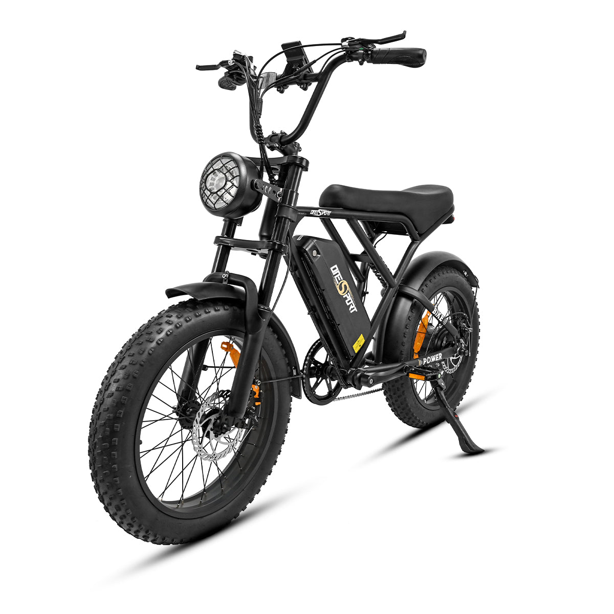 OneSport ONES3 black fat tire electric bike with the front facing southwest