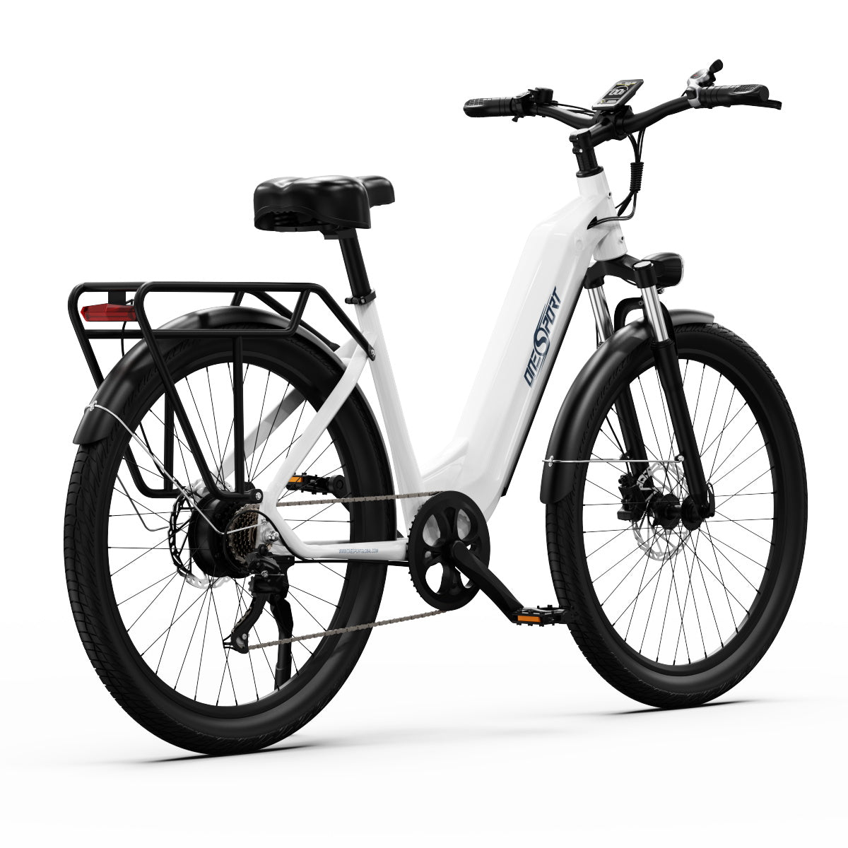white OneSport OT05 step-through city ebike, the front facing northeast