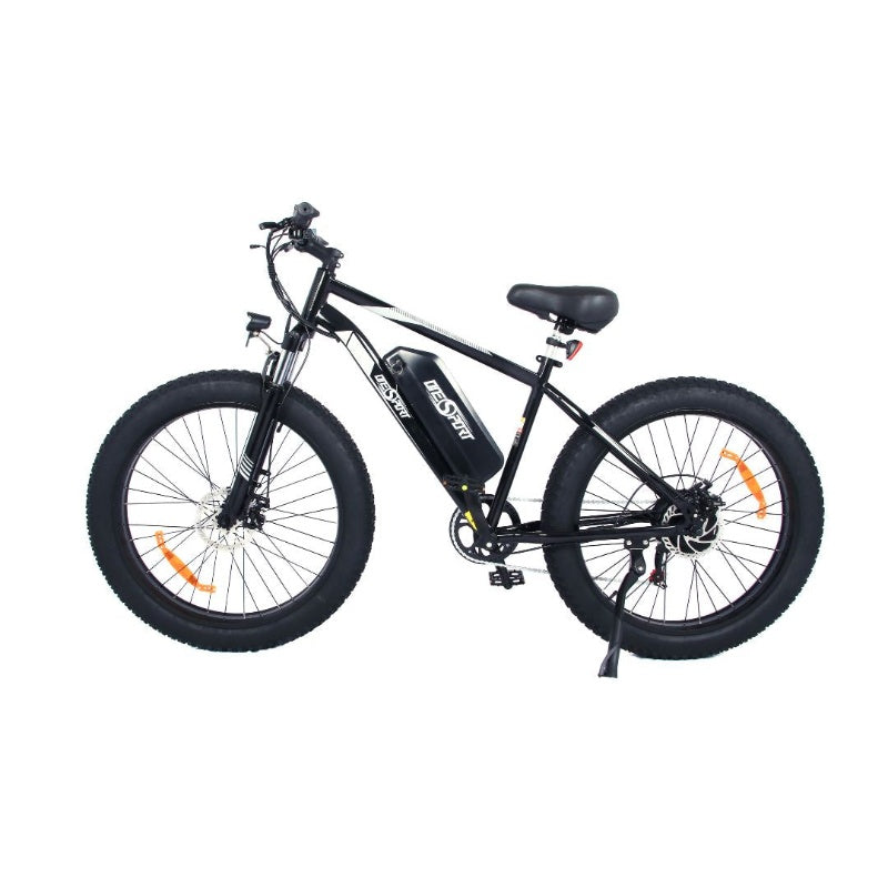 the left side of OneSport OT15 muntain ebike black and white 26 inch fat tires
