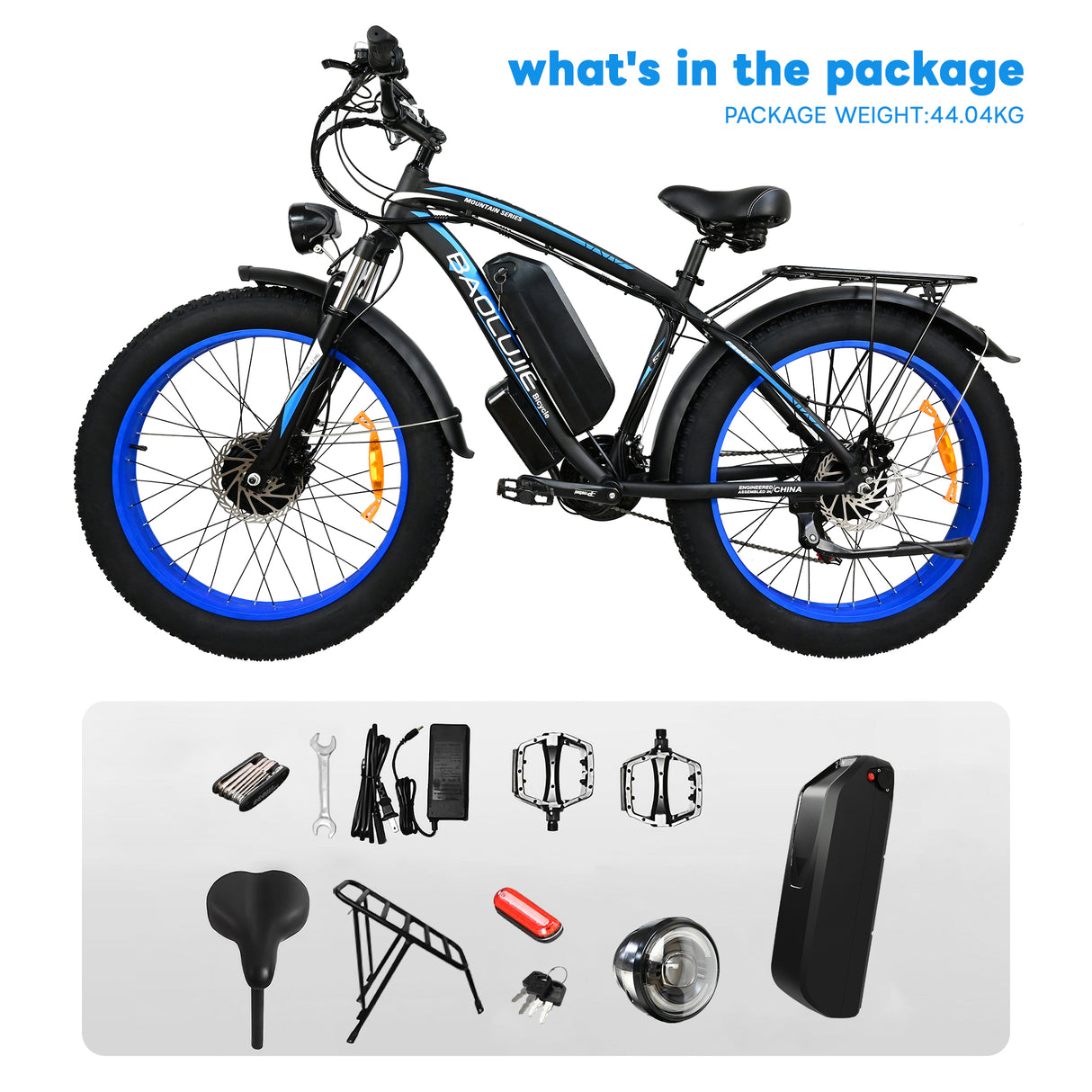 poleejiek mountain ebike Include components ebike, bag, battery, charge, installing kits, manual.